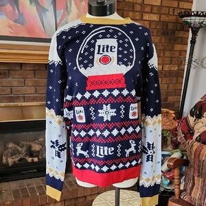 Miller Lite Beer Ugly Christmas Swrater Size Medium Red Navy Blue White Reindeer